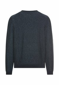 Ciemnoniebieski sweter z dzianiny z teksturowanym wzorem, okrągłym dekoltem, prążkowanymi mankietami i dolnym wykończeniem, w jednolitym kolorze.