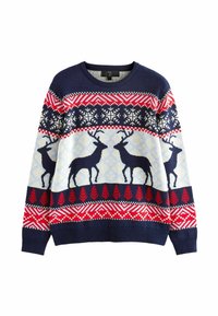 Marineblauer Pullover mit roten und weißen Schneeflocken- und Rentiermustern; Stricktextur; runder Ausschnitt; gerippte Bündchen und Saum; weit geschnitten.