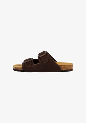 Sandalo marrone con due fibbie regolabili, soletta in sughero e suola testurizzata. Il design slip-on presenta un materiale superiore liscio.