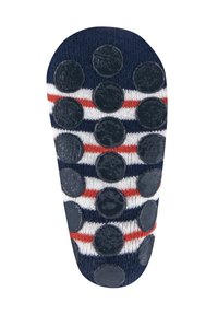 Navy sock bottom with rubberized grip dots in a circular pattern, alternating with white and red stripes. Soft knit texture, foot-shaped design.