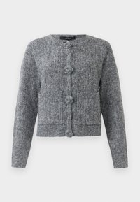 Gray textured knit cardigan with long sleeves and four large decorative buttons down the front.