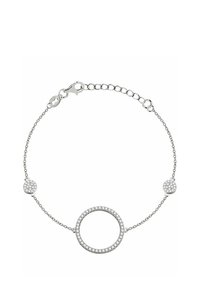 Silverarmband med en cirkulär mittdel och två små runda accenter, alla prydda med klara stenar, på en fantastisk kedja.