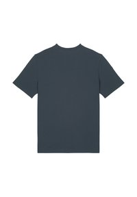 T-shirt en coton bleu foncé à manches courtes, col rond, avec un dos uni. Texture douce, coupe décontractée. Aucuns logos ni motifs visibles.