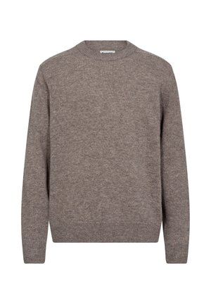 Brauner Strickpullover aus weicher Wolle mit rundem Halsausschnitt, langen Ärmeln sowie gerippten Bündchen und Saum. Nahtloses Design mit strukturiertem Finish.