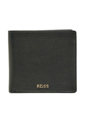 Fekete bőrtárca texturált felülettel, kétszeres hajtogatású designnal és arany "REISS" felirattal az alján. Kompakt és praktikus.