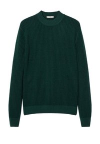 Pull en maille côtelée vert foncé avec manches longues et col rond. La texture est en relief et structurée, avec une taille et des poignets ajustés.