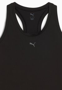 Čierny športový tielko s pretekarom, s jemným šedým logom Puma v strede. Hladká, elastická tkanina.