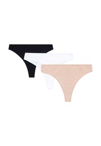Trzy pary damskich stringów: czarne, białe i cieliste. Wykonane z prążkowanej bawełny z cienkimi paskami i bezszwowym wykończeniem.