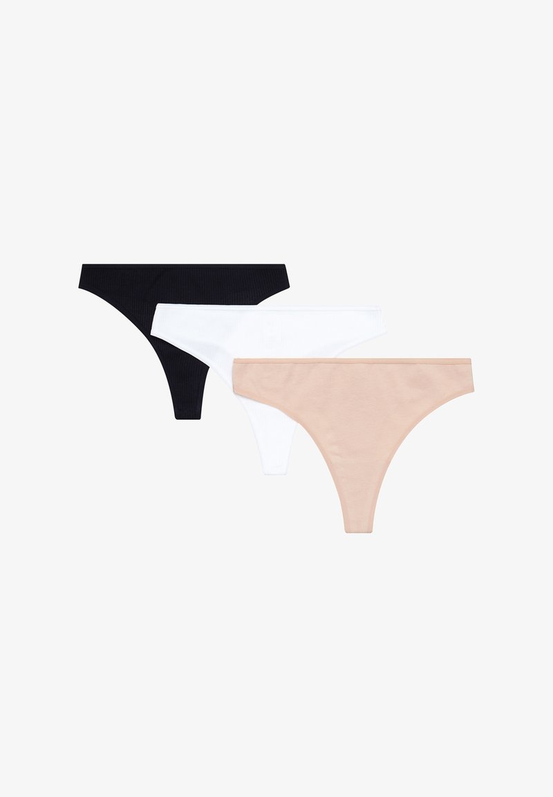 Trzy pary damskich stringów: czarne, białe i cieliste. Wykonane z prążkowanej bawełny z cienkimi paskami i bezszwowym wykończeniem.