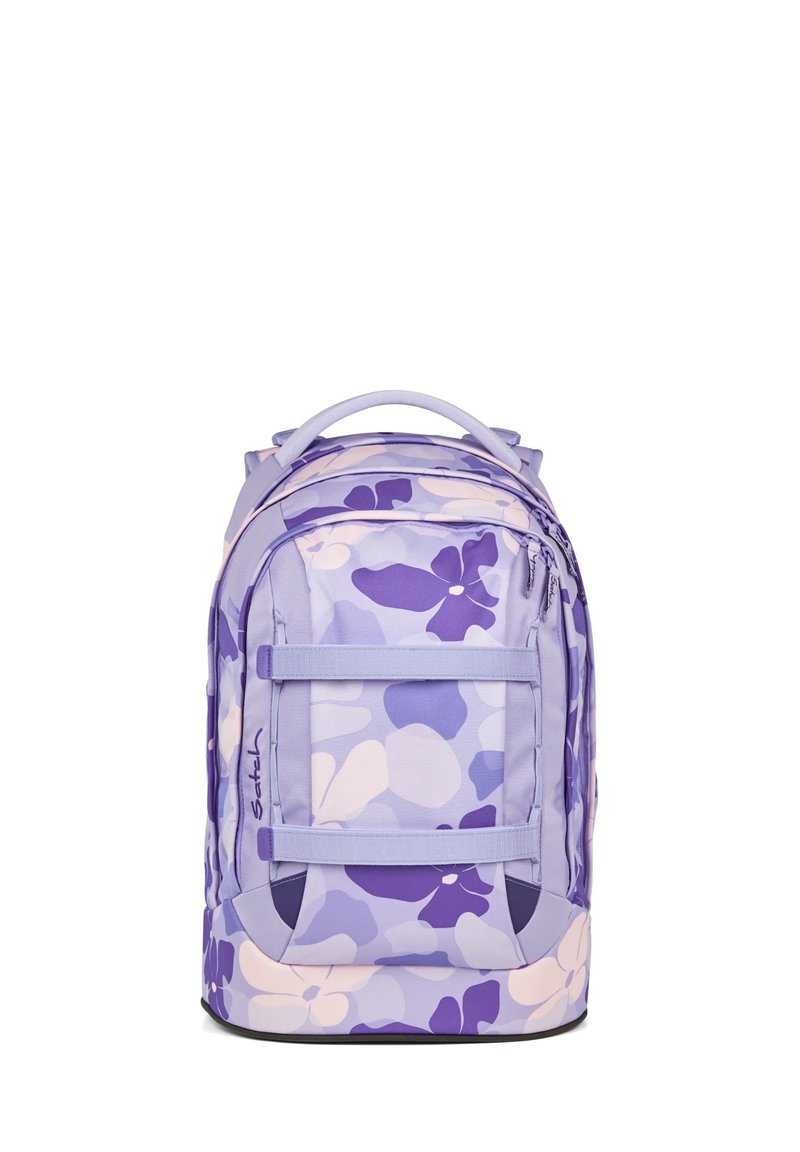Purple backpack with large floral pattern in light and dark shades. Features adjustable straps, a top handle, and zippered compartments.