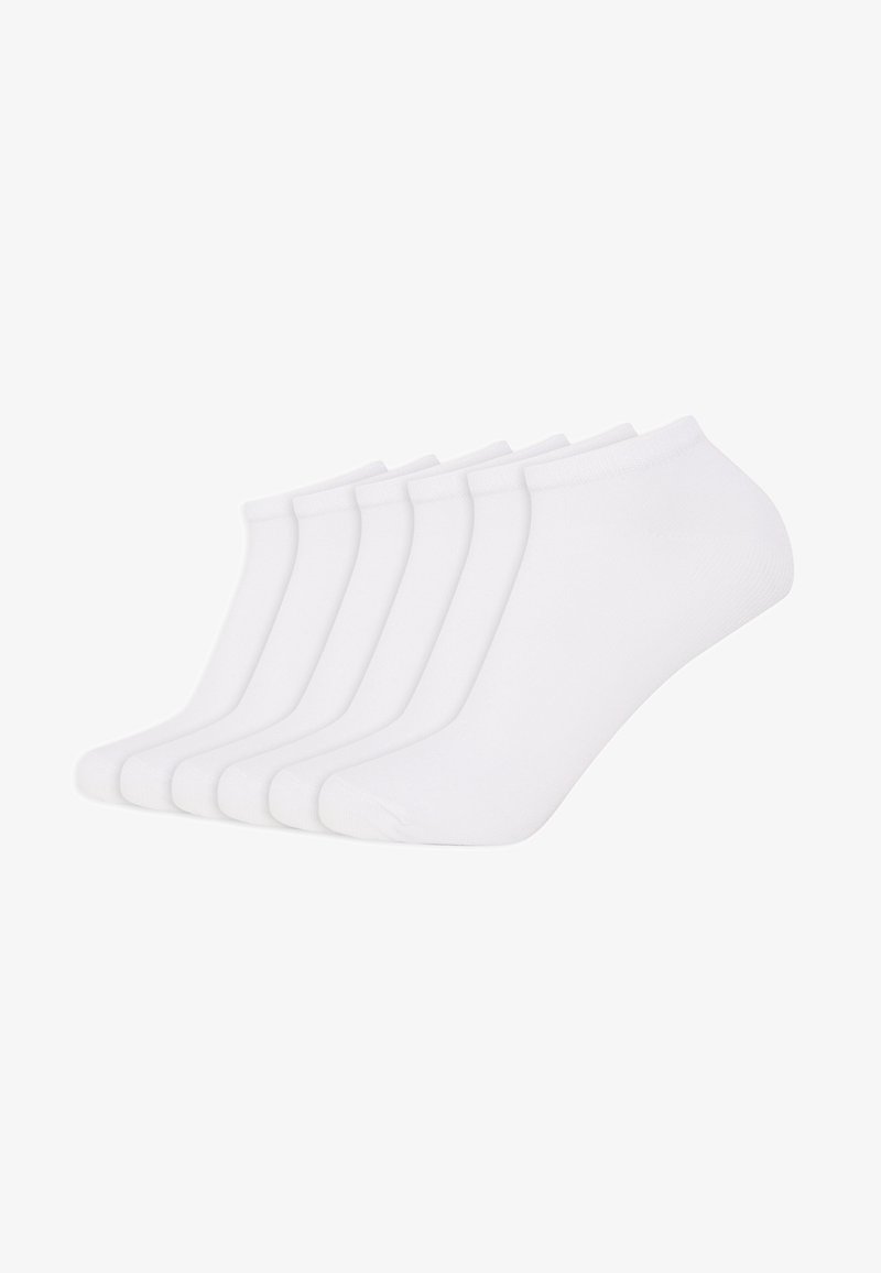 White ankle socks in a pack of six; made of soft cotton blend, featuring a smooth texture and ribbed cuffs for a snug fit.
