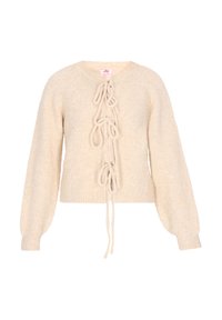 Cremfarbener, gestrickter Pullover mit langen, puffigen Ärmeln und einem zentralen Bindedetail. Weiche Textur mit dezenten Sprenkeln im gesamten Stoff.