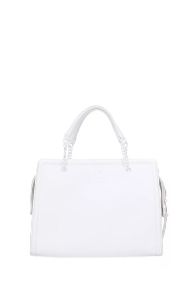 Borsa bianca con design strutturato, realizzata in pelle liscia, con manici intrecciati e chiusura a zip. Dettaglio logo embossé discreto sul davanti.