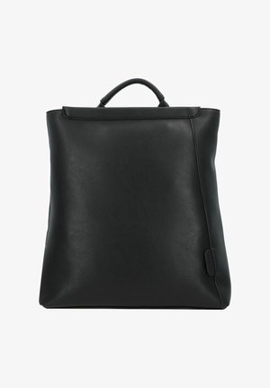 Schwarzer Leder-Rucksack mit strukturiertem Design, ausgestattet mit einem abgerundeten Griff und einer minimalistischen Außengestaltung ohne sichtbare Beschläge.