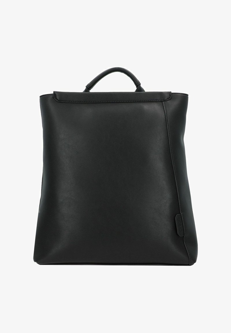 Black leather backpack with a structured design, featuring a rounded top handle and a minimalist exterior without visible hardware.