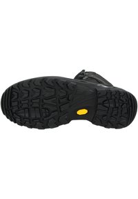 Zwarte hikingbootzool met diepe noppen, met een geel Vibram-logo. Het robuuste ontwerp biedt grip op verschillende oppervlakken.