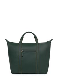 Groene leren schoudertas met dubbele handvaten, ritssluiting, buitenzak en contrasterende stiksels langs de zijkanten. Glad texture.