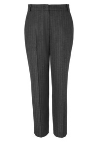 Šedé kalhoty s jemným proužkem a rovnými nohavicemi, vyrobené z hladké tkaniny. Mají plochý přední díl a poutka na opasek pro nastavení velikosti.