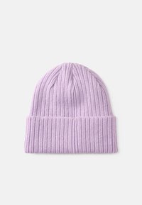 Lilac knit beanie with a ribbed texture, featuring a folded cuff. The fabric appears soft and flexible, suitable for cold weather wear.