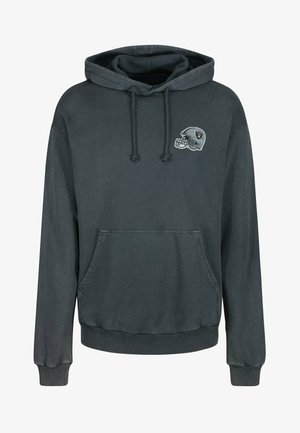 Dark gray hoodie with a front pouch pocket, adjustable drawstring hood, and a stitched sports helmet logo on the left chest. Soft material.