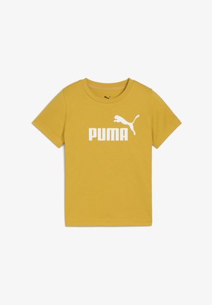 Senfgelbes T-Shirt mit einem auffälligen weißen "PUMA"-Logo und einer springenden Puma-Grafik auf der Vorderseite. Einfaches Design, kurze Ärmel.