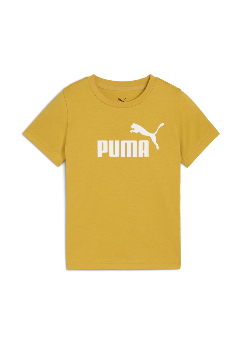 T-shirt w kolorze musztardowym z wyraźnym białym logo "PUMA" oraz grafiką skaczącego pumy na przodzie. Prosty design, krótkie rękawy.