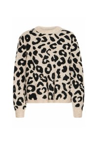Pull en tricot beige avec imprimé léopard noir. Encolure ronde, manches longues, poignets et ourlet côtelés. Texture douce.