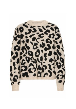Pletený pulóver v béžovej farbe s čiernym leopardím vzorom. Okrúhly výstrih, dlhé rukávy, rebrované manžety a lem. Mäkka štruktúra.