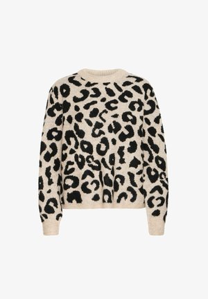 Pull en tricot beige avec imprimé léopard noir. Encolure ronde, manches longues, poignets et ourlet côtelés. Texture douce.