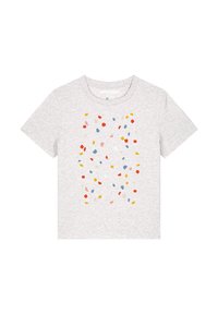 Graues Baumwoll-T-Shirt mit einem mehrfarbigen abstrakten Punktmuster. Kurze Ärmel und klassischer Rundhalsausschnitt. Weiche Textur.