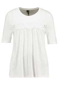 Vit kortärmad t-shirt med rund halsringning, prydd med ett spetspanel över den övre framsidan och samlad textur nedanför panelen.
