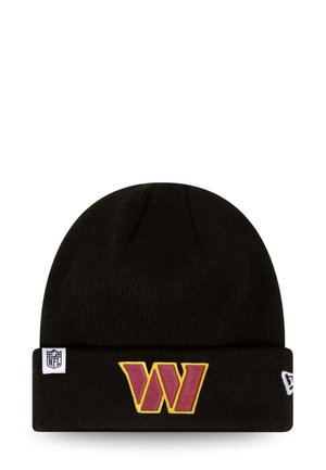 Black knit beanie with a folded cuff. Features a prominent embroidered logo in yellow and maroon on the front, embroidered NFL tag on the side.