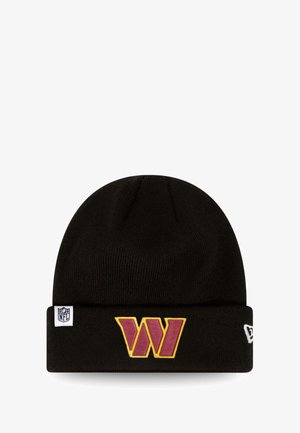 Black knit beanie with a folded cuff. Features a prominent embroidered logo in yellow and maroon on the front, embroidered NFL tag on the side.