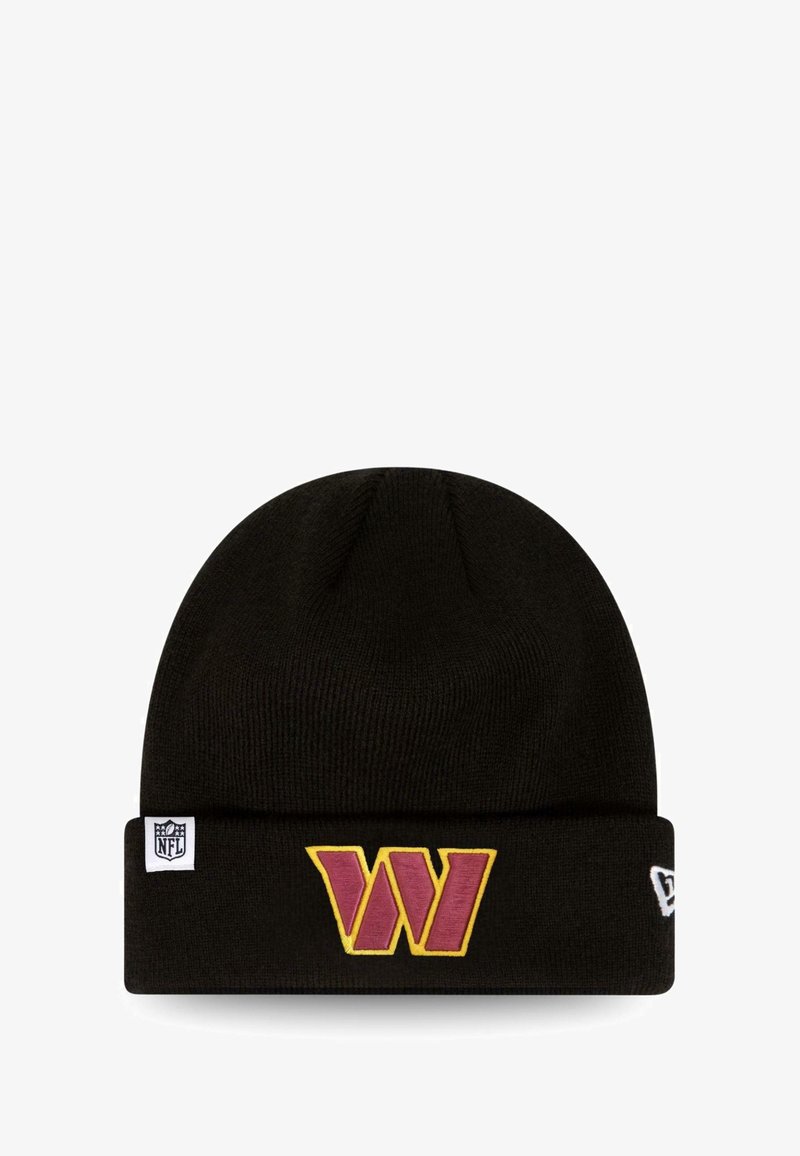Black knit beanie with a folded cuff. Features a prominent embroidered logo in yellow and maroon on the front, embroidered NFL tag on the side.