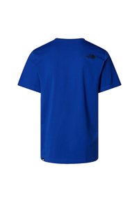 Camiseta de algodón azul con cuello redondo y mangas cortas. Presenta un logo negro impreso en la parte superior de la espalda y una pequeña etiqueta en el dobladillo.