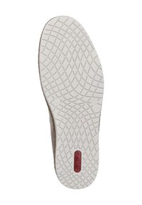 Shoe outsole with a textured rubber surface, featuring a geometric pattern, a white base, and a red 'rieker' logo in the center.