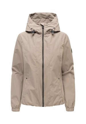 Veste à capuche beige clair avec fermeture éclair à l'avant, cordons réglables sur la capuche, poches latérales et poignets élastiques aux manches.