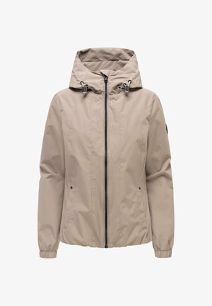 Veste à capuche beige clair avec fermeture éclair à l'avant, cordons réglables sur la capuche, poches latérales et poignets élastiques aux manches.