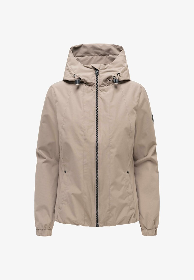 Veste à capuche beige clair avec fermeture éclair à l'avant, cordons réglables sur la capuche, poches latérales et poignets élastiques aux manches.