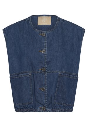 Farmer mellény kerek nyakkivágással, öt fekete gombbal az elején, két elején foltzsebbel és elasztikus derékrésszel.