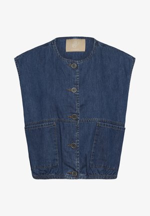 Farmer mellény kerek nyakkivágással, öt fekete gombbal az elején, két elején foltzsebbel és elasztikus derékrésszel.