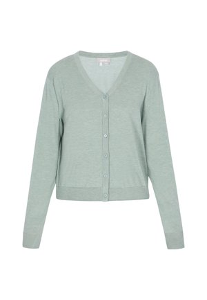 Világoszöld V-nyakú kardigán hosszú ujjakkal és öt elöl lévő gombbal, könnyű kötött anyagból készült.
