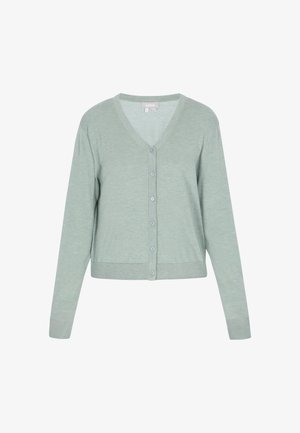 Cardigan vert clair à col en V avec manches longues et cinq boutons sur le devant, en tissu tricoté léger.