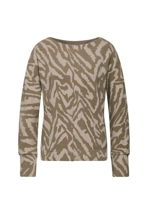 Khaki en beige zebra-patroon trui met een brede bootnek en lange mouwen, met een gestructureerde breipatroon.