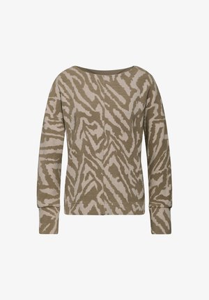 Khaki- und beige-gestreifter Pullover mit Zebra-Muster, ausgestattet mit einem breiten Bootsausschnitt und langen Ärmeln, sowie einer strukturierten Strickoptik.
