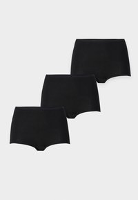 Black cotton boyshorts featuring a smooth texture, elastic waistband, and a fitted design. Three pieces displayed in a row.
