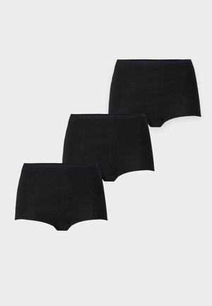 Shorts en coton noirs présentant une texture lisse, une taille élastique et un design ajusté. Trois pièces disposées en rangée.
