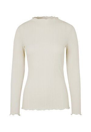 Dlouhý rukáv top z jemně krémového žebrovaného materiálu s texturovaným povrchem. Disponuje vroubkovaným výstřihem a lemem pro lepší detail.