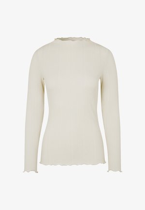 Dolga majica z dolgimi rokavi v svetlo kremni rebrasti tkanini z teksturirano površino. Ima valovito odprtino na vratu in robu za dodaten pridih.