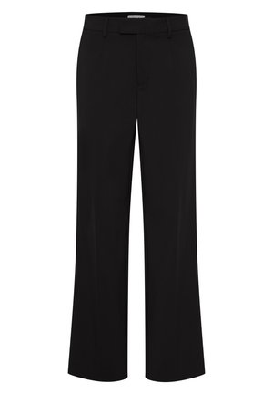 Pantalons larges noirs avec une texture lisse, dotés d'une taille classique, de deux poches avant et d'un design épuré et ajusté.